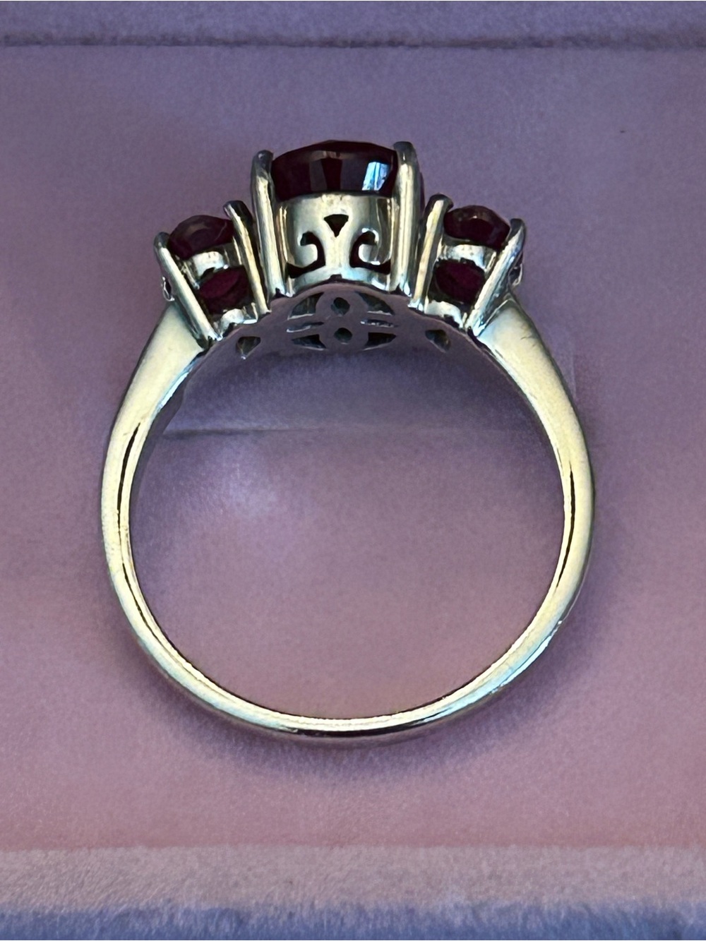 4.37CTW Oval Mahaleo Deep Red Ruby 3-Gemstone Band Ring Rhodium over Sterling S9 - Picture 3 of 9